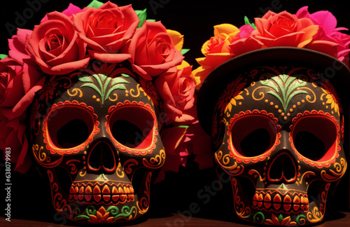 Dia de los Muertos wallpaper with two painted skulls wearing wreaths of roses on a black background. Widescreen banner with Mexican calavera, la Catrina for the Day of the Dead