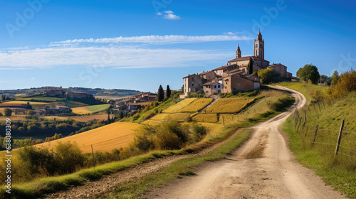 Church in the distance on the idealic hill, bright colors. Generative AI