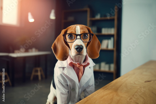 cute beagle dog sitting on the table dressed in jacket and glasses 