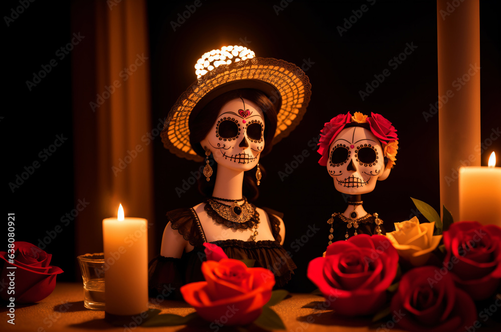 La Calavera Catrina dolls with candles and flowers near ofrenda altar