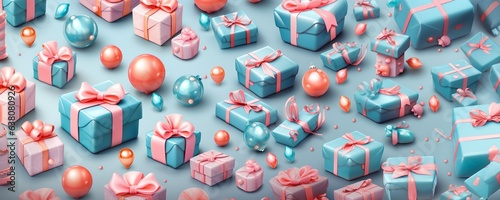 Season greetings banner: top view of gift boxes wrapped in blue paper with pink ribbon and pink baubles. Generative AI