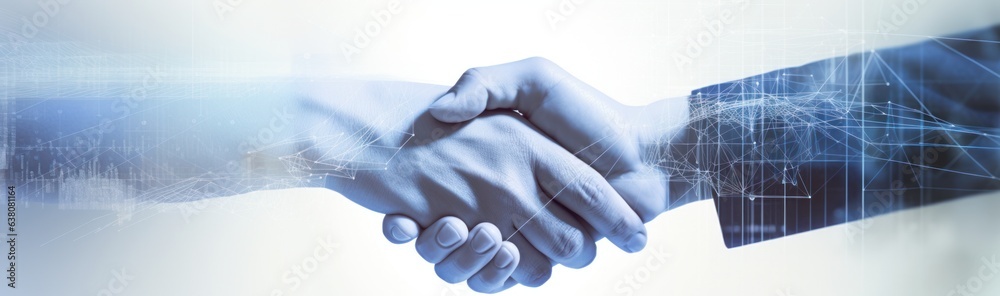A foggy screenshot of two hands shaking, symbolizing a personal connection between two people that transcends the boundaries of time - obrazy, fototapety, plakaty 