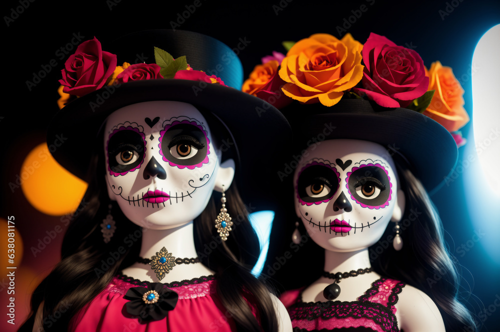La Calavera Catrina dolls wearing Mexican dresses and hats with flowers