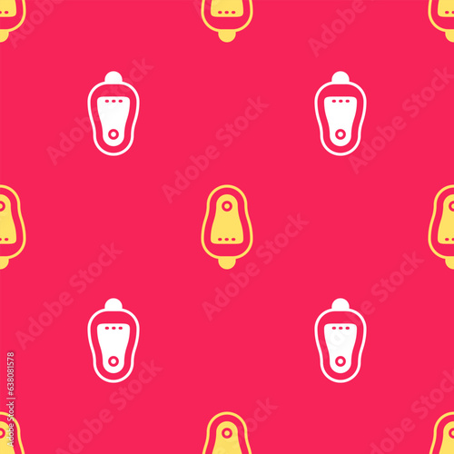 Yellow Toilet urinal or pissoir icon isolated seamless pattern on red background. Urinal in male toilet. Washroom, lavatory, WC. Vector
