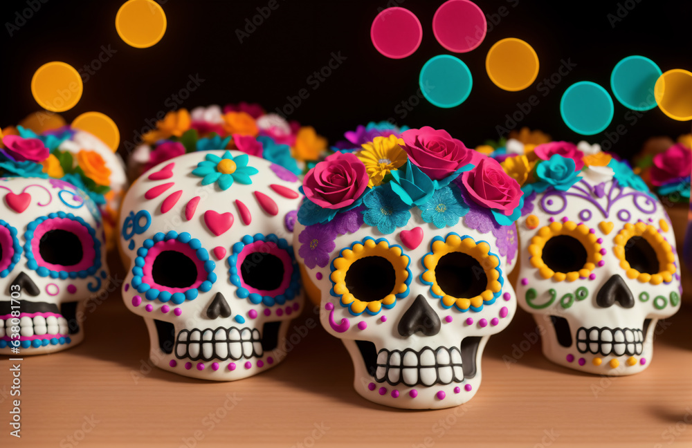 Colorful sugar skulls for Day of the Dead. Calavera Catrina cookies to celebrate Dia de los Muertos or Cinco de Mayo. Mexican sweets in shape of painted skeleton head with flowers