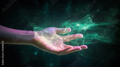 Human hand with neon line. Futuristic cyberpunk color web concept.Generative AI