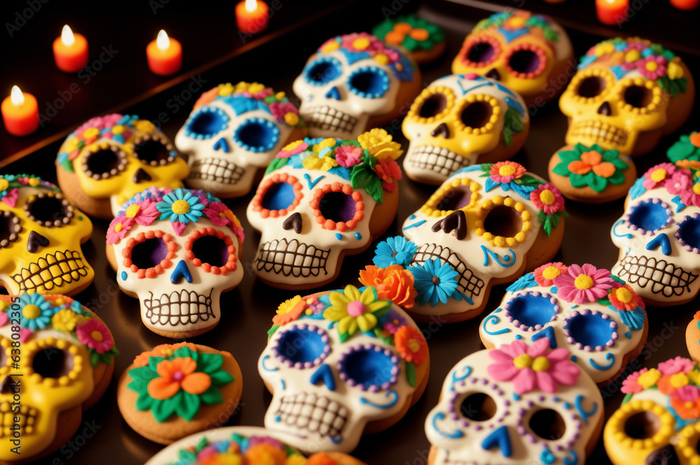 Colorful sugar skulls for Day of the Dead. Calavera Catrina cookies to celebrate Dia de los Muertos. Mexican sweets in shape of painted skeleton head with flowers