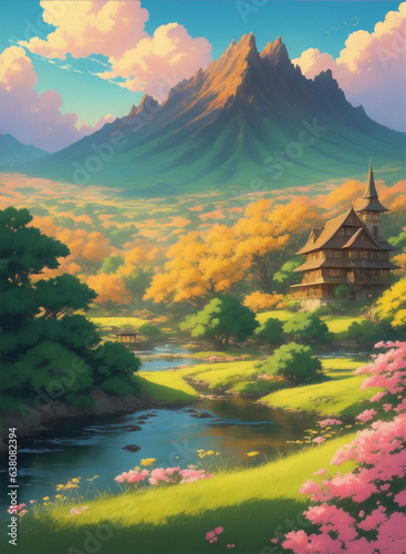 Anime Landscape of Paradis japanese garden with sakura