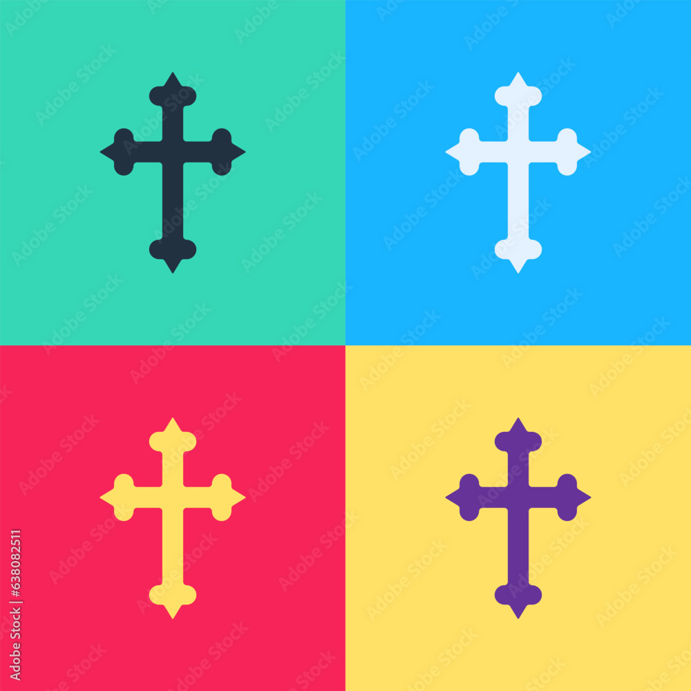 Pop art Christian cross icon isolated on color background. Church cross. Vector