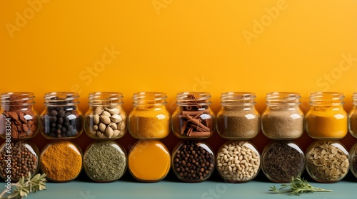 Fototapeta Naklejka Na Ścianę i Meble -  Spices and seasonings for taste. Diversity in the Indian spice market. Large selection of seasonings for cooking dishes on a yellow background with copy space. 