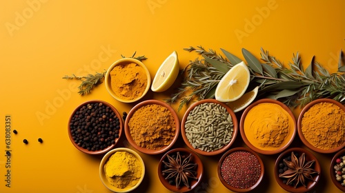 Fototapeta Naklejka Na Ścianę i Meble -  Spices and seasonings for taste. Diversity in the Indian spice market. Large selection of seasonings for cooking dishes on a yellow background with copy space. 
