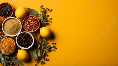 Fototapeta Naklejka Na Ścianę i Meble -  Spices and seasonings for taste. Diversity in the Indian spice market. Large selection of seasonings for cooking dishes on a yellow background with copy space. 