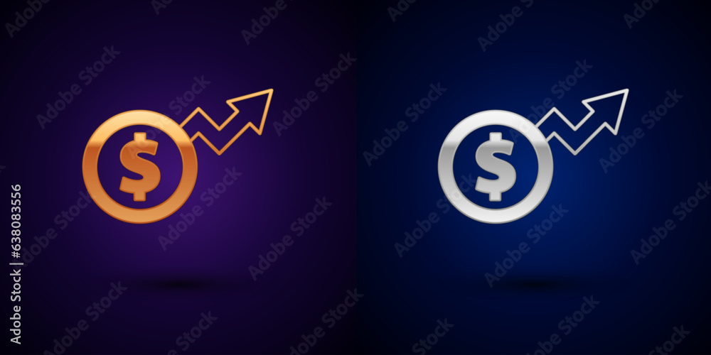 Gold and silver Financial growth dollar coin icon isolated on black background. Increasing revenue. Vector Gold and silver Financial growth dollar coin icon isolated on black background. Increasing revenue. Vector