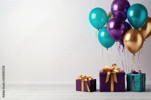 Purple, gold, blue balloons with helium and gift boxes on white empty wall. Copy space.