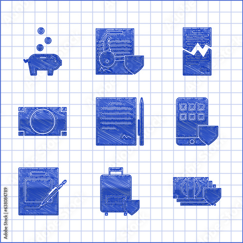 Set Contract with pen, Traveling baggage insurance, Money shield, Smartphone, Blank notebook and, Stacks paper money cash, Torn contract and Piggy bank coin icon. Vector