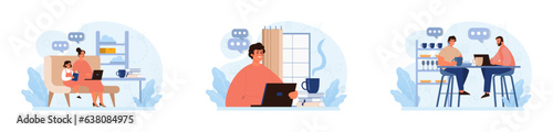 Hygge set. Happy people relaxing at home, family members leisure