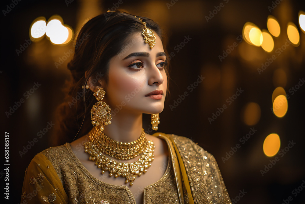 Young beautiful indian woman posing in golden clothing. Generative AI - obrazy, fototapety, plakaty 