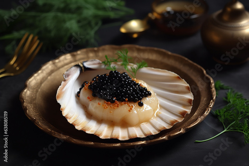 Portion of scallop served in a restaurant with caviar decorated with dill. Generative AI