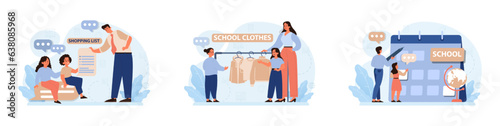 School preparation set. School kids with parents prepare for studying.