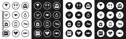 Set Envelope with Valentine heart, Amour and arrow, Cocktail, Balloon form of, Male gender symbol, Glass champagne, Wedding rings hand and Shopping bag icon. Vector