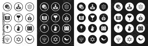 Set Shield with Star of David, Jewish goblet, Torah scroll, World Globe and Israel, Burning candle, money bag, Tombstone star david and Balloon icon. Vector