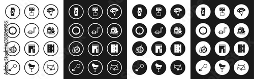 Set Bicycle helmet, pedal, wheel, Plaster on leg, Gloves, Action extreme camera, lane and parking icon. Vector