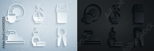Set Dishwashing liquid bottle, Trash can, Electric iron, Clothes pin, Water spray and Washing dishes icon. Vector
