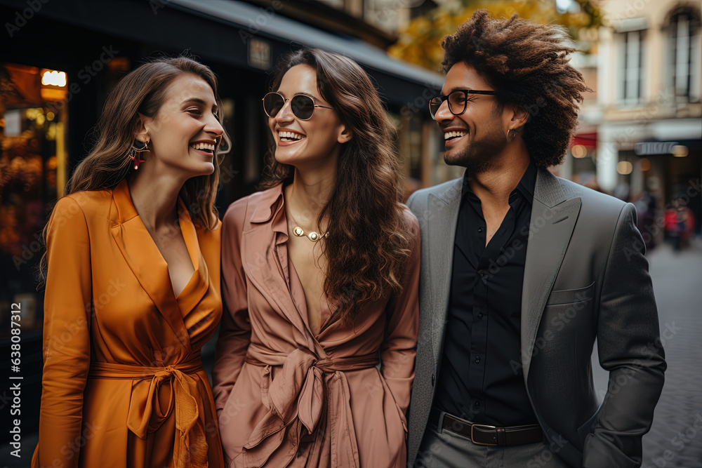 A vibrant image capturing the stylish poses and shared laughter of friends, embodying their trendy outfits and vibrant personalities
