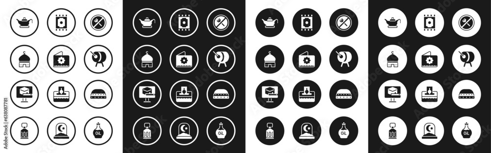 Set Ramadan fasting, Octagonal star, Muslim Mosque, Oil lamp, drum, Traditional carpet, hat for prayer and Kaaba mosque icon. Vector