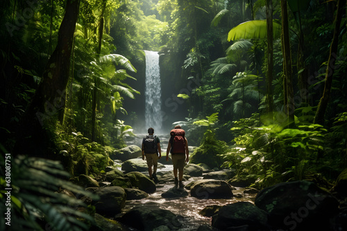Fototapeta Naklejka Na Ścianę i Meble -  Backpackers exploring hidden waterfalls in a dense jungle surrounded by vibrant flora.