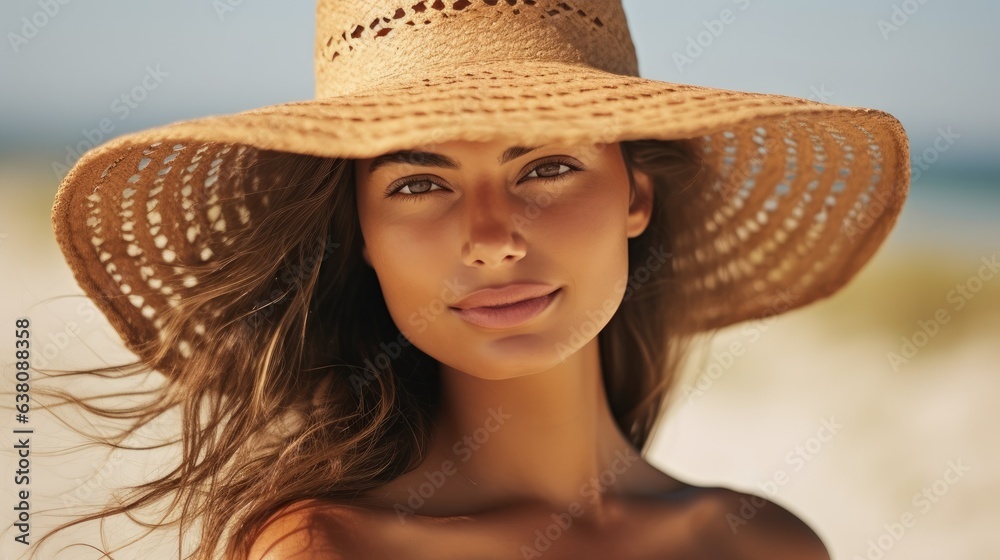 Woman looking on the side wearing summer hat at the beach, close up shot photo, warm colors. Generative AI