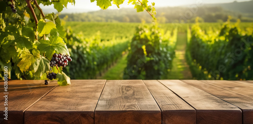 Empty Wood table top on blurred vineyard landscape background, for display or montage your products. Agriculture winery and wine tasting concept. digital ai