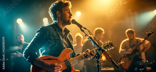 Music band group perform on a concert stage. Guitarist on stage for background, soft and blur concept. Music band performing in a recording studio. digital ai	 photo