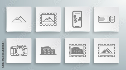 Set line Photo camera, Postal stamp and Mountains, Coliseum Rome, Italy, Egypt pyramids, Infographic of city map navigation, Travel ticket and icon. Vector