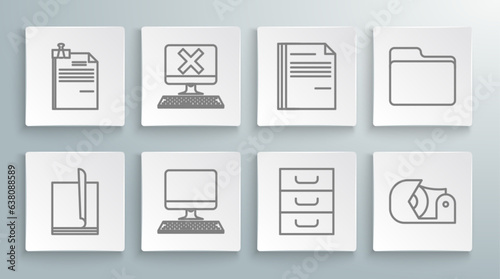 Set line File document, Computer with keyboard and x mark, monitor, Drawer documents, Scotch, Document folder and binder clip icon. Vector