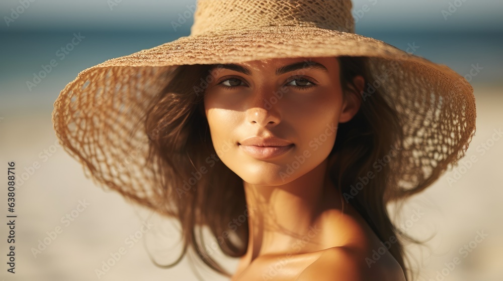 Woman looking on the side wearing summer hat at the beach, close up shot photo, warm colors. Generative AI