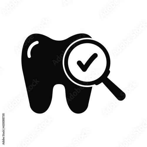 Dental care, tooth with magnifier loupe, medical tooth check icon. Teeth medical check. Tooth with magnifying glass. Stomatology icon