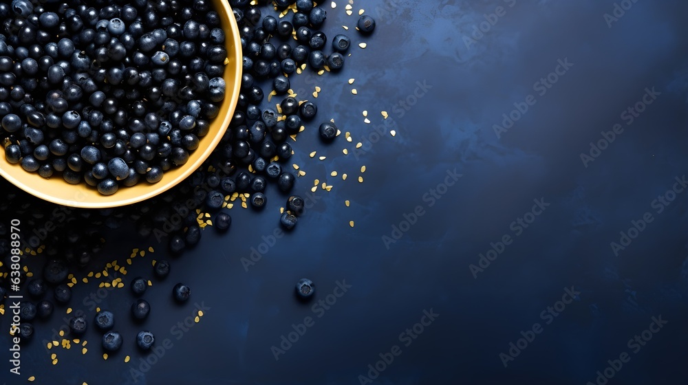 Blueberries on a golden plate with golden confetti. Festive dark blue background.