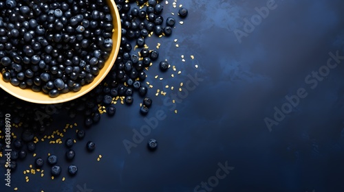 Blueberries on a golden plate with golden confetti. Festive dark blue background.