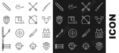Set line Hunt on deer with crosshairs, Hunting jacket, Moose head horns, Crossed arrows, Hunter boots, Deer antlers shield, cartridge belt cartridges and Bow and quiver icon. Vector