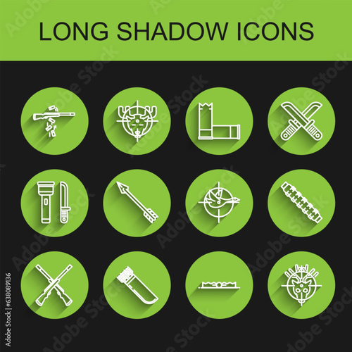 Set line Two crossed shotguns, Quiver with arrows, Gun shooting, Trap hunting, Hunt on deer crosshairs, Hipster, Hunting cartridge belt cartridges and duck icon. Vector