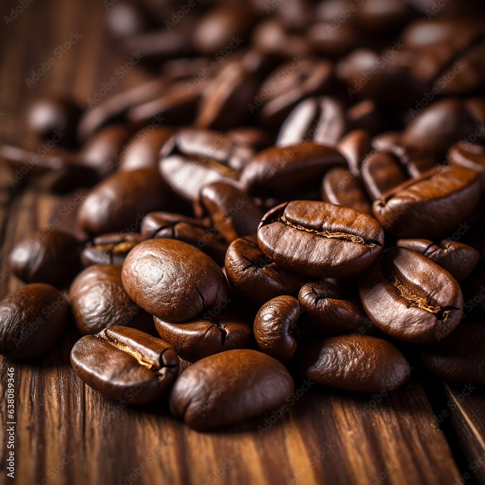 Naklejka premium A pile of coffee beans on a rustic wood, Generative AI