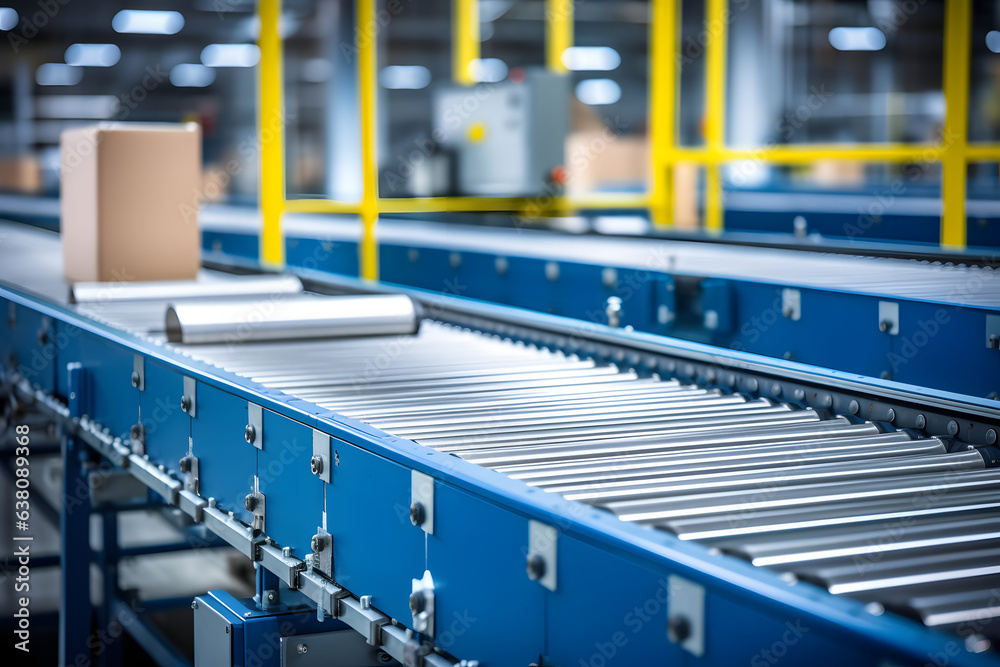 Conveyor belt transporting packages at a modern sorting facility. Stock ...