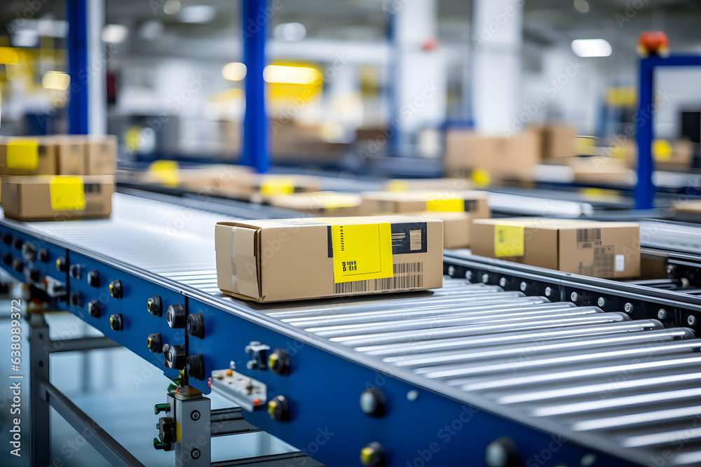 Conveyor belt transporting packages at a modern sorting facility. Stock ...