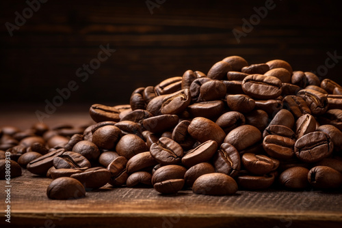 A pile of coffee beans on a rustic wood  Generative AI