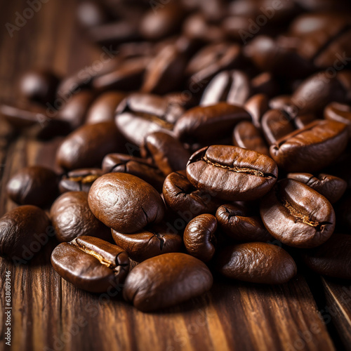 A pile of coffee beans on a rustic wood, Generative AI