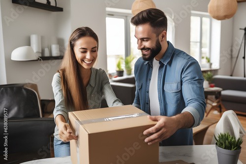Couple unboxing a package in their living room expressing excitement.  photo