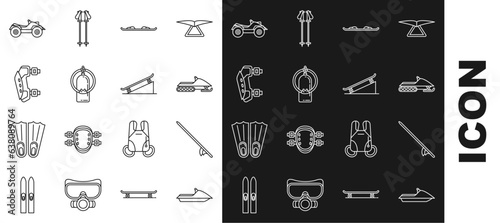 Set line Jet ski, Surfboard, Snowmobile, Snowboard, Aqualung, Knee pads, All Terrain Vehicle or ATV motorcycle and Skateboard on street ramp icon. Vector