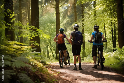 Obraz na płótnie Cyclists on a woodland trail pausing to admire the view.