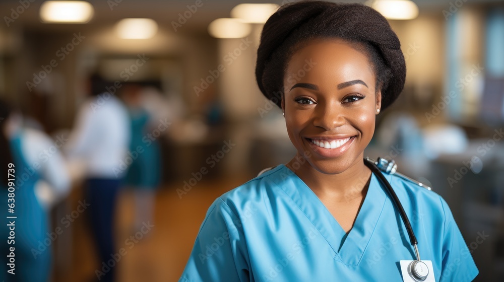 Obraz premium Cute african american medical nurse wearing blue uniform and smiling. Generative AI